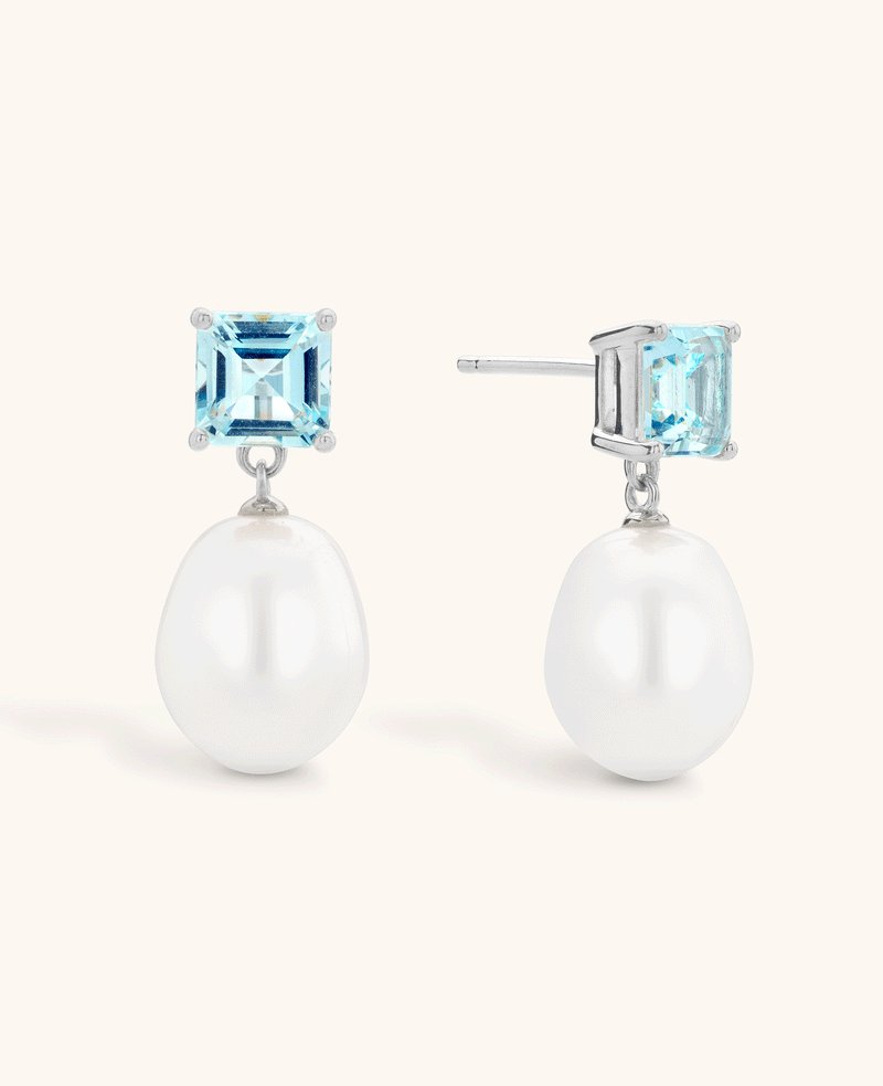 Blue Topaz and Pearl Drop Earrings