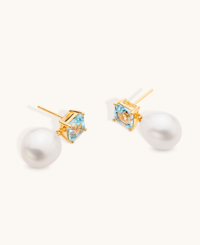 Blue Topaz and Pearl Drop Earrings