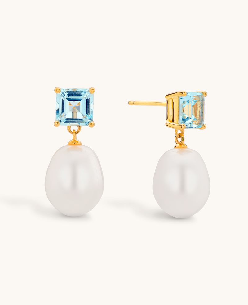 Blue Topaz and Pearl Drop Earrings