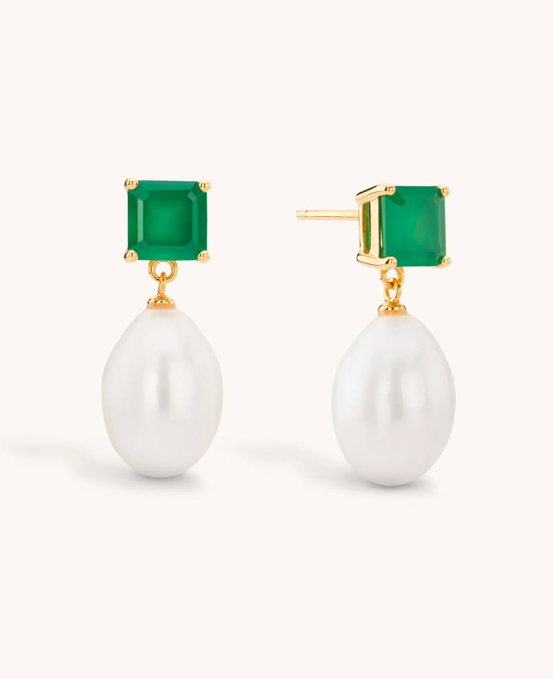 Green onyx and Pearl Drop Earrings