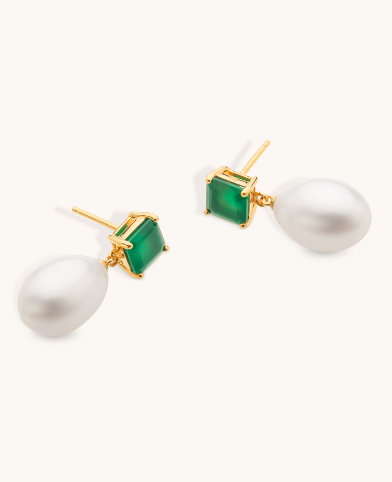 Green onyx and Pearl Drop Earrings